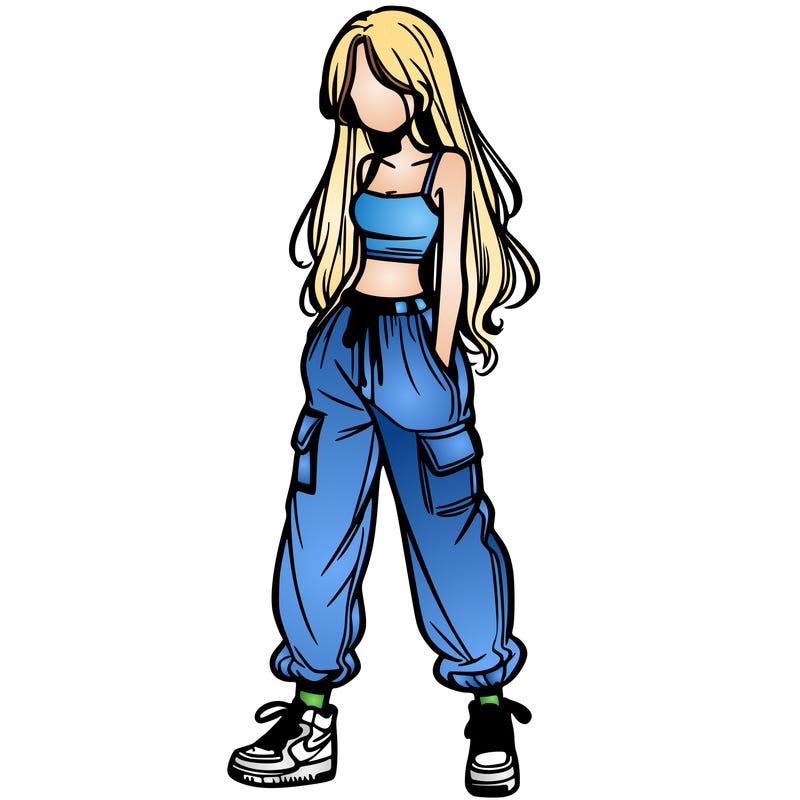 girl in baggy pants crop top and long hair
