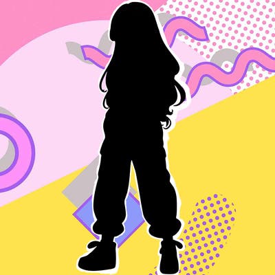 girl in baggy pants crop top and long hair