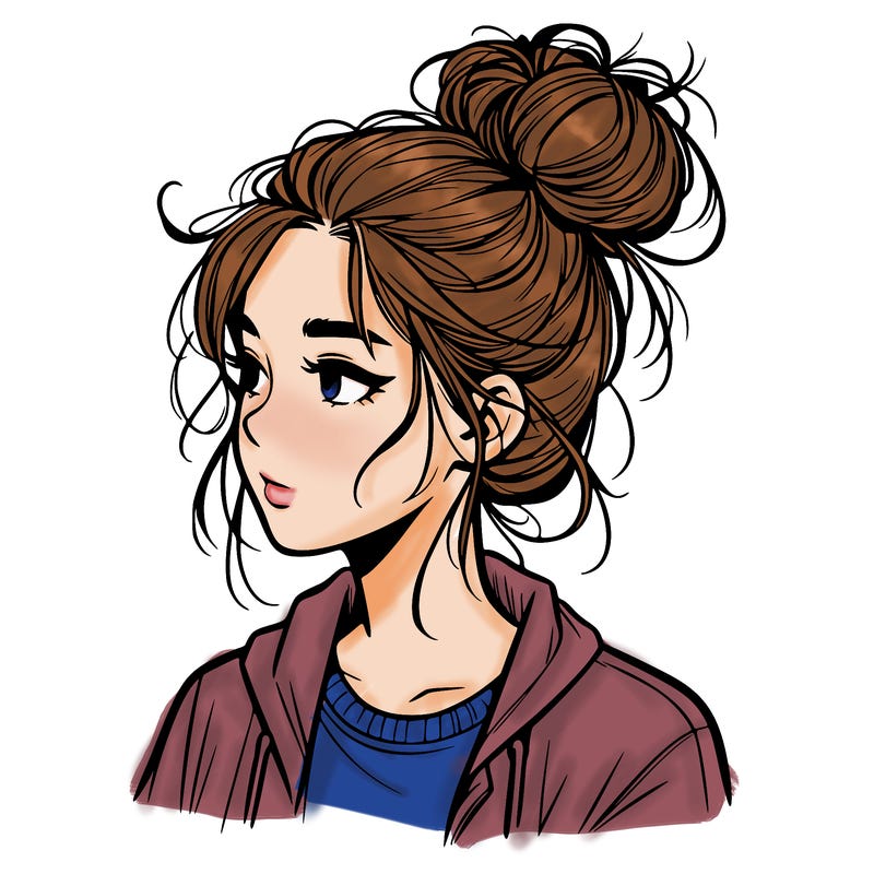 realistic teenage girl with a messy bun