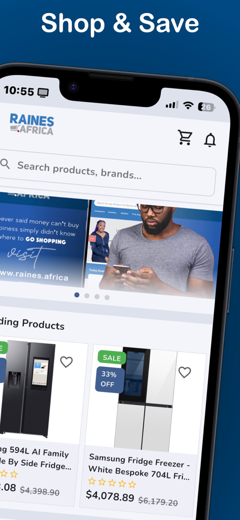 Raines Africa - Raines Africa mobile shopping app interface showing trending products and search bar