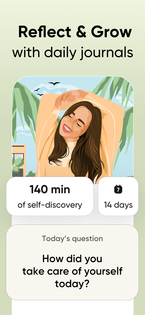 Liven App Benutzeroberfläche, die eine tägliche Journaling-Aufforderung zur Selbstpflege und Fortschrittsstatistiken zur Selbsterkenntnis zeigt.