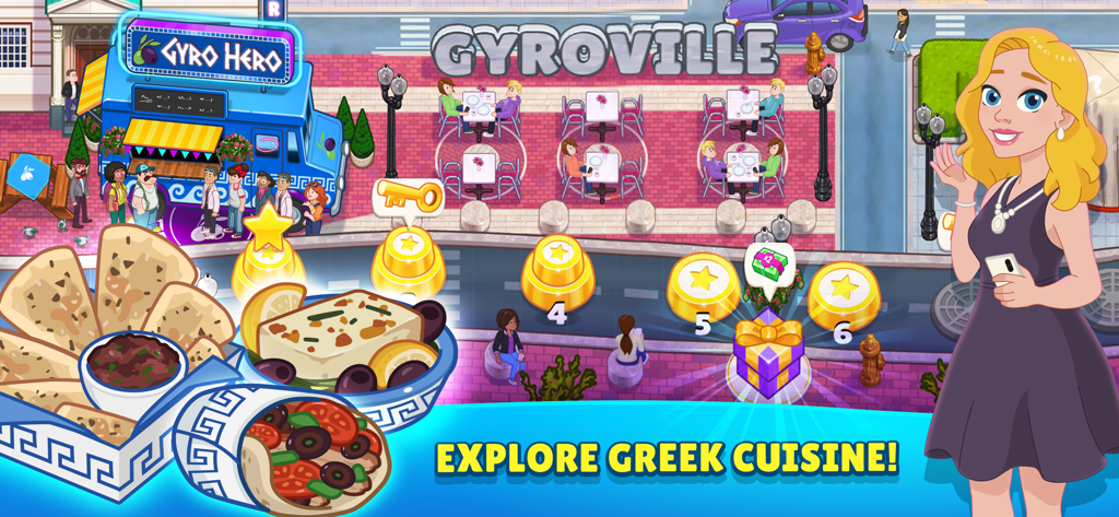 Kitchen Scramble 2: World Cook - Mapa de nivel de Kitchen Scramble 2 para Gyroville con cocina griega y Chef Pepper