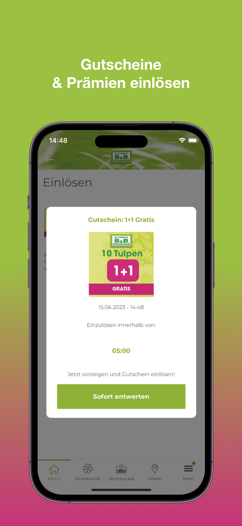 Blumen B&B - Pantalla de la aplicación móvil que muestra un cupón de compra uno y llévate otro gratis para tulipanes con un temporizador de redención de 5 minutos.