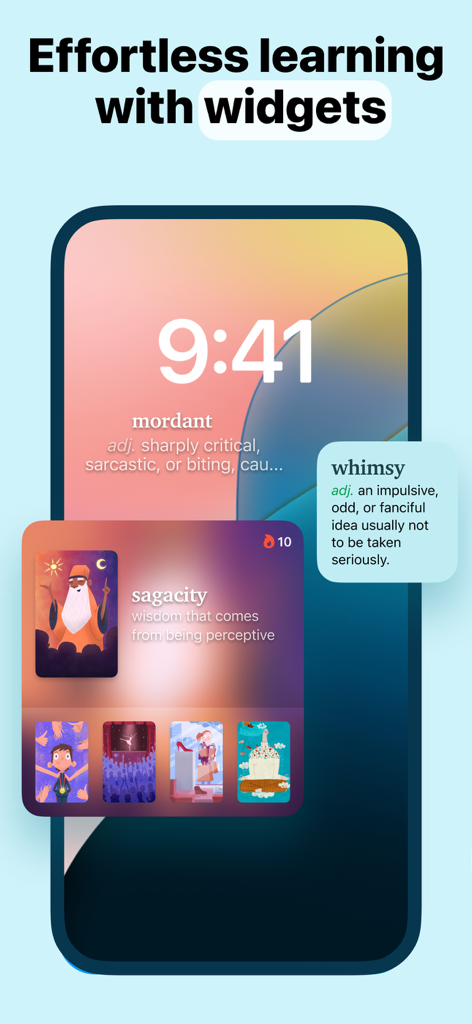 Word of the Day・Vocabulary - Pantalla de bloqueo de iPhone con widgets de vocabulario de Palabra del Día con definiciones de palabras e ilustraciones.