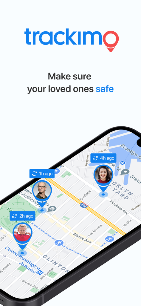 Trackimo + - Trackimo app showing real-time location of family members on a digital map