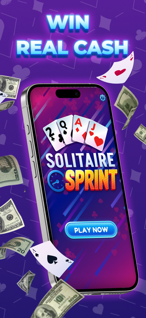 Solitaire Sprint mobile game screen featuring the title Win Real Cash and falling dollar bills