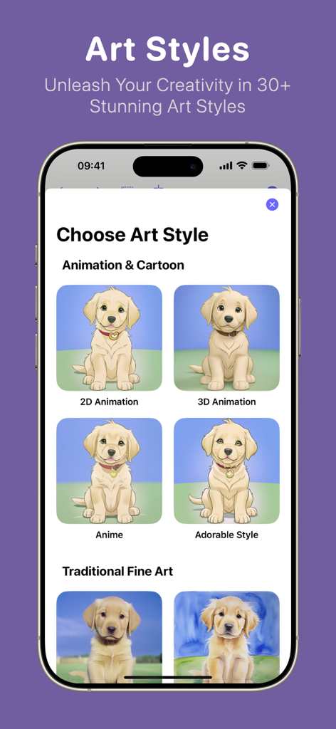 Kala: AI Art Coloring Book - Interface of the Kala AI Art Coloring Book app showing a selection of different animation and traditional art styles for a puppy illustration