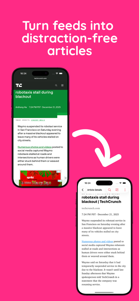 RSS Reader - Zers - 広告のある散らかったニュースウェブサイトが、Zersアプリ内のクリーンで邪魔されない記事に変換される様子を並べて比較表示。