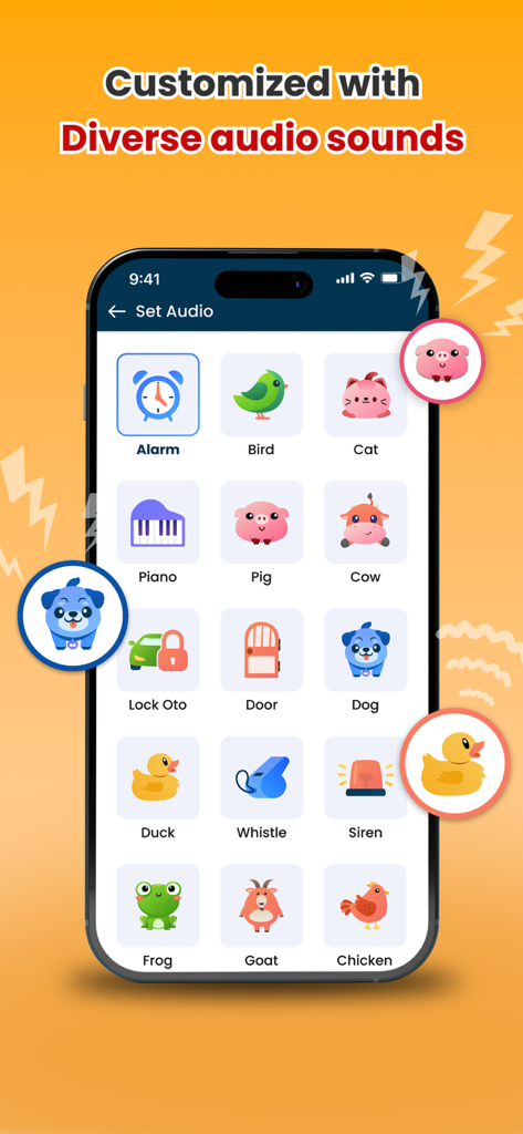Don't touch phone: Alarm - A menu of customizable alarm sounds including animals and objects in the Dont touch phone Alarm app