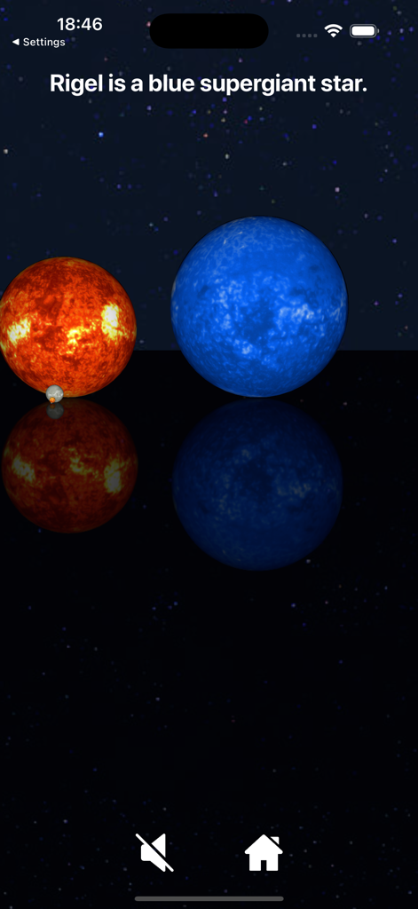 3D-Größenvergleich des blauen Überriesensterns Rigel mit anderen Himmelskörpern