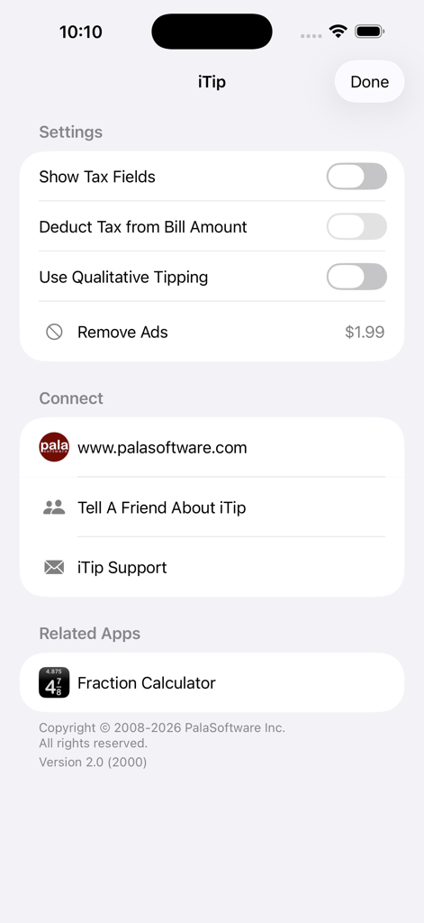 iTip Calcの設定画面。税金計算のトグルとサポートオプションが表示されています。