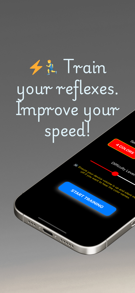 ReactionPro - ReactionPro 모바일 앱 홈 화면으로 반사 신경 및 속도 훈련을 위한 난이도 설정 및 훈련 시작 버튼 표시