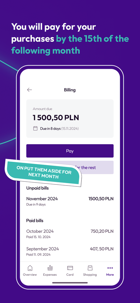Pantalla de facturación de la aplicación móvil Twisto que muestra las fechas de vencimiento de los pagos e historial de facturas
