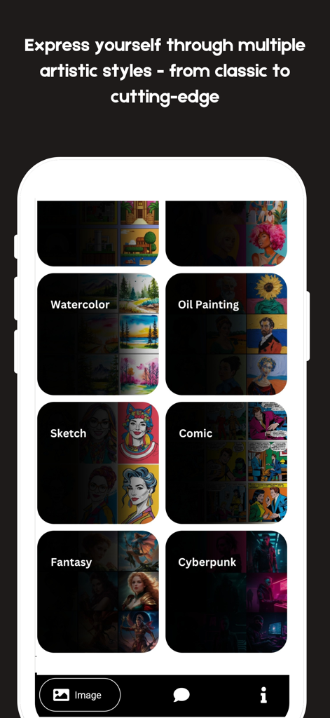 Pantalla de la aplicación Gamma AI PPT mostrando estilos artísticos para la generación de imágenes de IA, incluyendo acuarela, pintura al óleo y cyberpunk