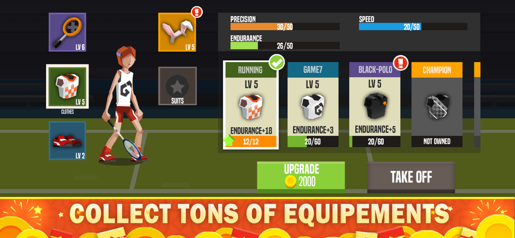 Character customization and equipment upgrade screen in Badminton League