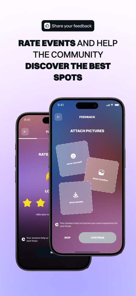 Clyx: Genuine Friends & Events - Two mobile screens showing the Clyx app interface for rating events and uploading photos to share feedback with the community