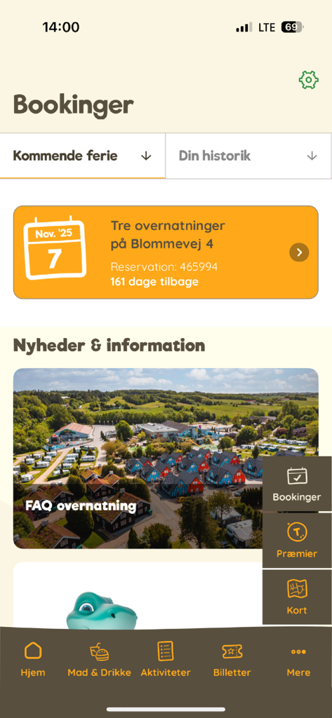 Jesperhus - for voksne - Booking management screen of the Jesperhus for voksne app showing an upcoming stay and resort news