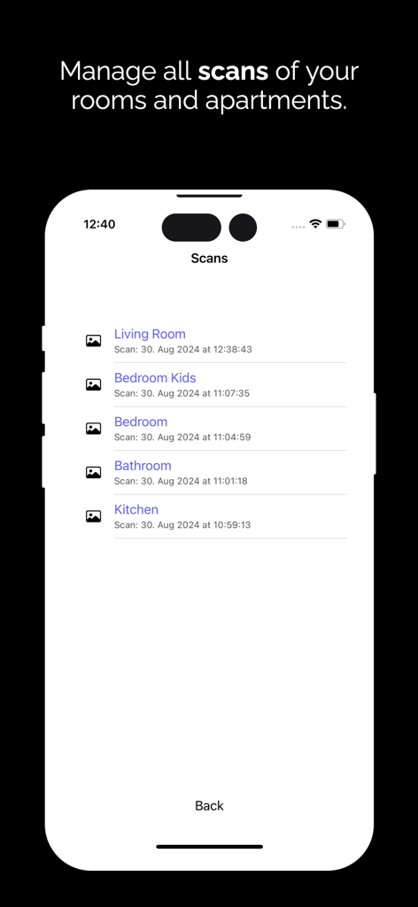 Interface showing a list of saved room scans for living room bedroom and kitchen in the Floorplan 3D app