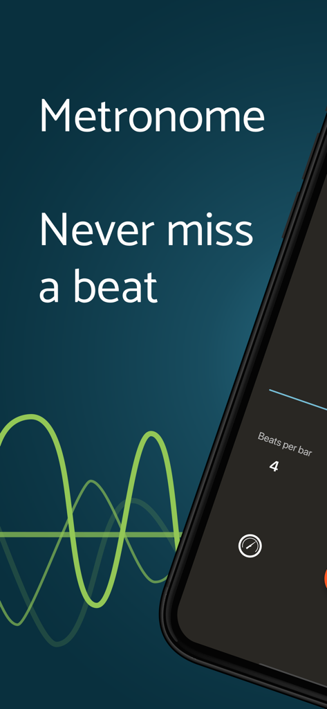 Metronome Beats Pro - Metronome Beats Pro intro screen with the slogan Never miss a beat and a rhythmic soundwave visualization.