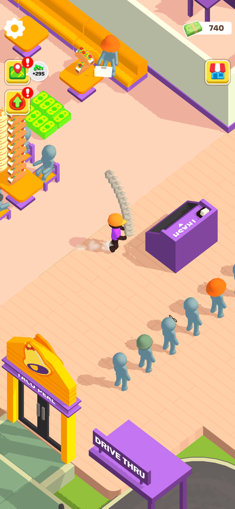 Un personaje cargando una alta pila de bandejas de comida en un juego de gestión de restaurantes con clientes esperando en fila.