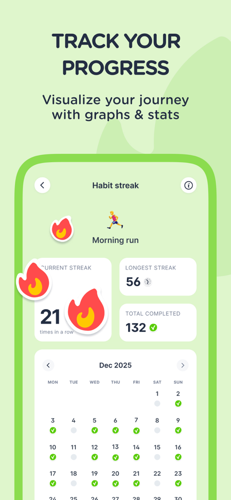 Dear Me app screenshot showing habit streak stats for morning runs including a current streak of twenty one days and a monthly completion calendar