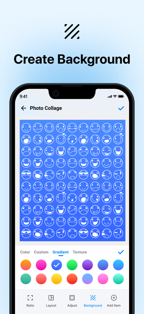Photo Collage Maker & Stickers - Una interfaz móvil para crear un fondo personalizado usando patrones de emojis y colores degradados.