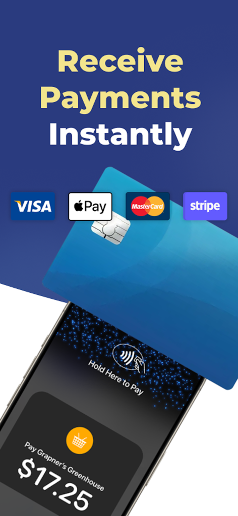 Estimate Maker, Contractor Pay - Mobile app screen showing instant payment options including Visa, Apple Pay, Mastercard, and Stripe for contractors.