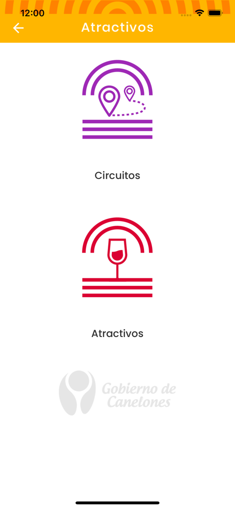 Turismo Canelones - Tela de menu do aplicativo Turismo Canelones mostrando opções de circuitos e atrações locais
