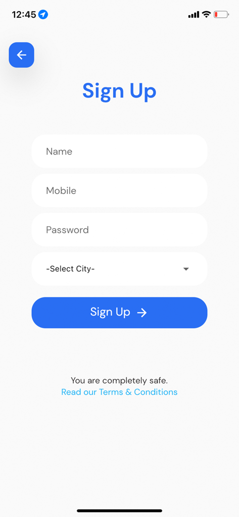 Bookmybai - Registration screen of the Bookmybai app featuring fields for name, mobile number, password, and city selection