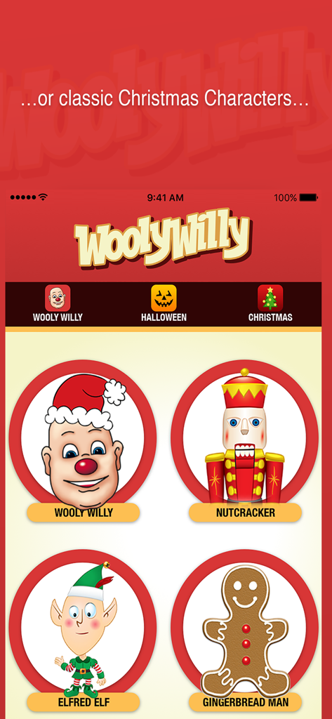 Wooly Willy - Wooly Willy app menu showing seasonal Christmas characters including Santa Nutcracker Elf and Gingerbread Man