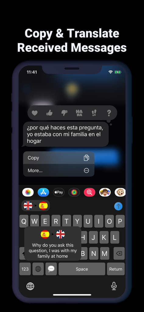 Translate Keyboard for Chat - A mobile interface demonstrating the copy and translate feature for received messages within a chat app from Spanish to English