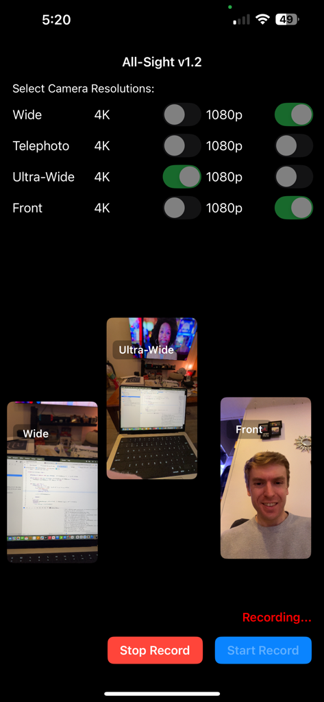 All-Sight - User interface of the All-Sight app recording video from multiple iPhone lenses at once with resolution controls.
