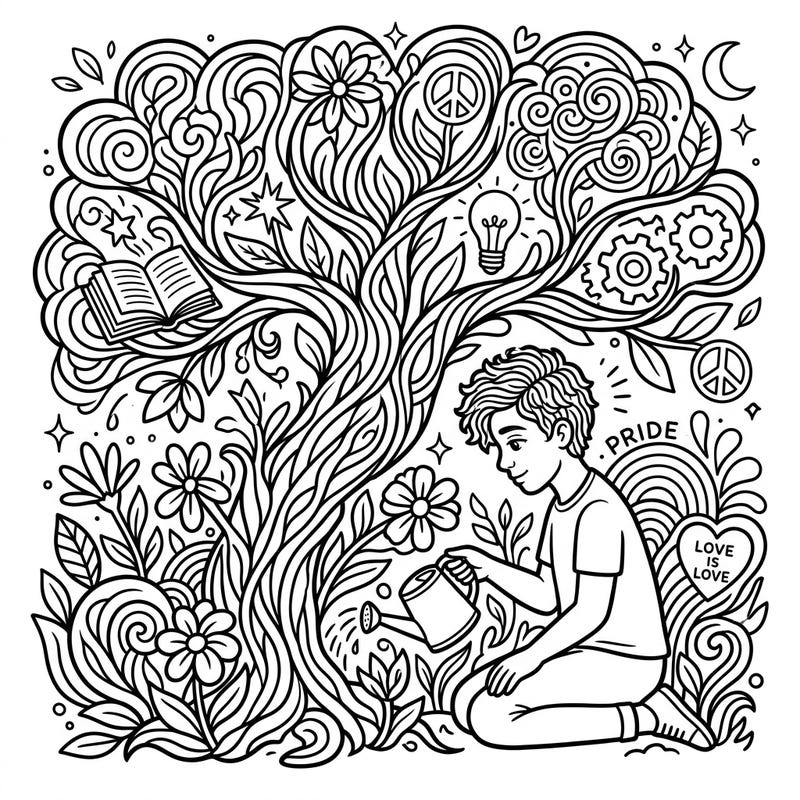 Dive into a deeply personal coloring experience with this Conceptual Self-Portrait, illustrating the journey of growth and self-discovery. This intricate design invites you to explore your ideas, identity, and personal philosophy through the joy of color.