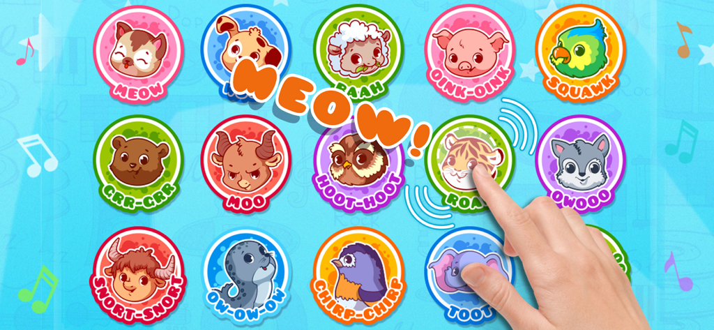 Musical Band! Play and Learn - A toddler app interface featuring various animal icons with their sounds and a hand tapping a tiger button