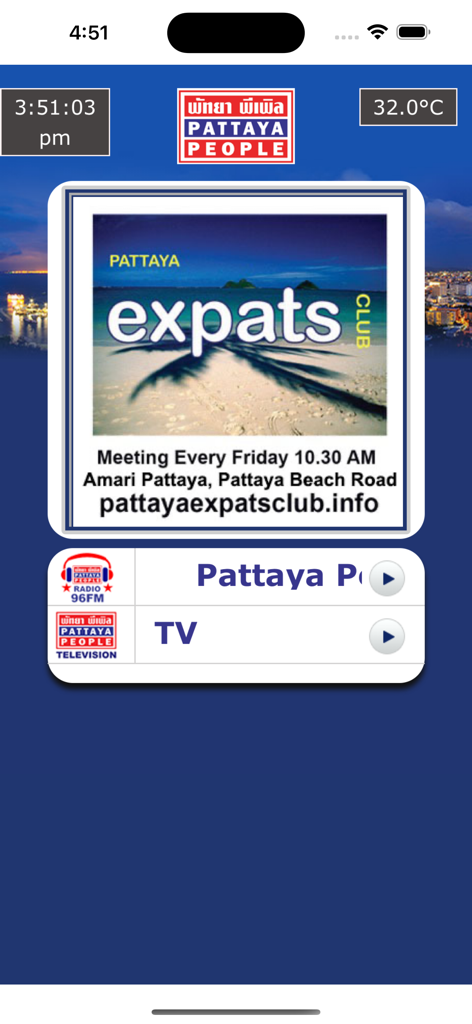 Pattaya People - Pattaya People app home screen with local radio TV and expat club information