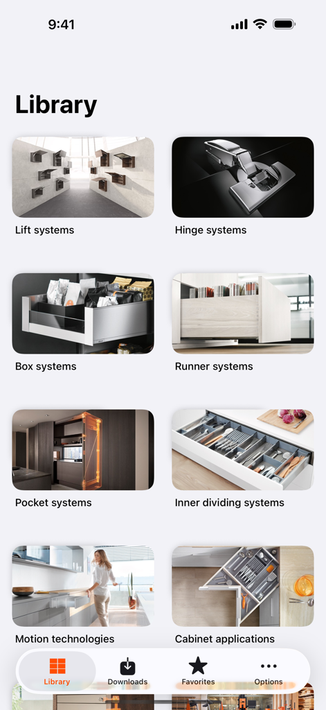 EASY ASSEMBLY - Library screen of the EASY ASSEMBLY app showcasing various Blum hardware categories like hinge and lift systems.
