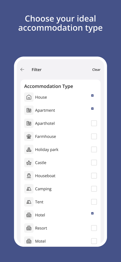 Casamundo app screen showing a list of vacation rental types including houses apartments and castles
