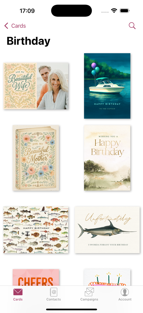 SendOutCards - A library of diverse birthday card designs for family and friends within the SendOutCards mobile app