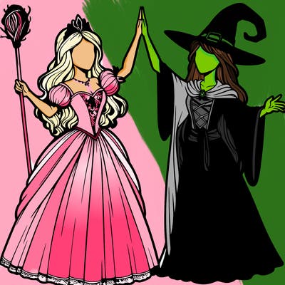 detailed realistic split of a princess and a witch