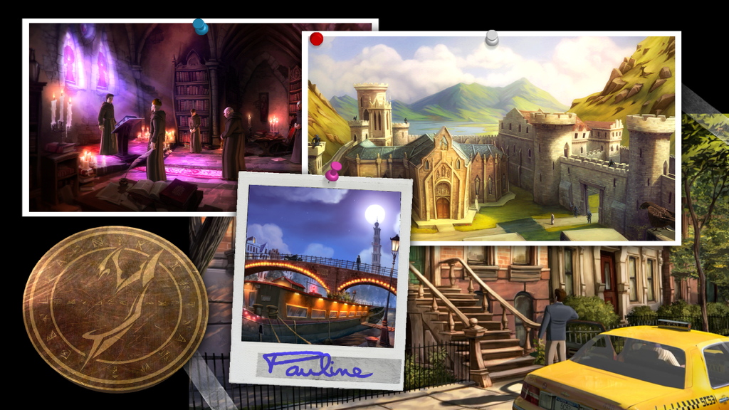 Yesterday Origins - Un collage de entornos históricos y modernos del juego de aventuras Yesterday Origins, incluyendo un castillo y una calle de la ciudad.