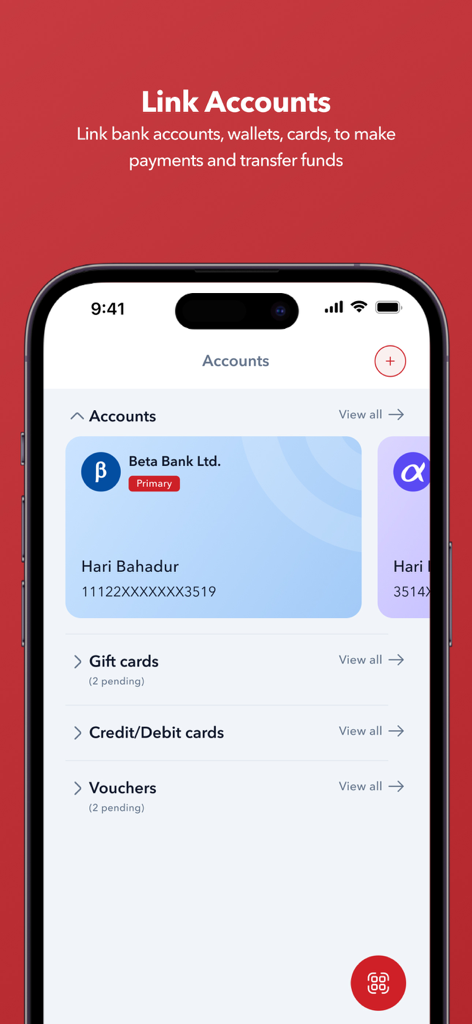 Fonepay App - Fonepay app interface showing linked bank accounts and credit cards management