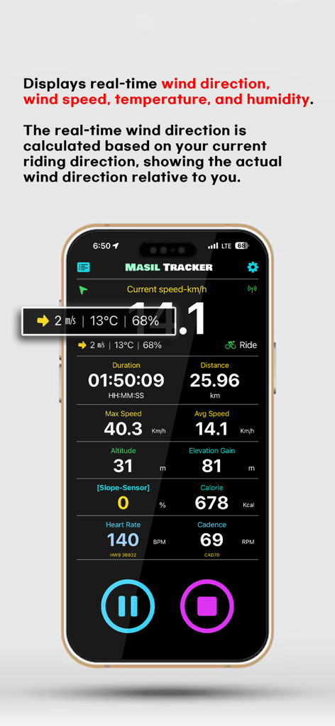 Masil Tracker - Interface do aplicativo Masil Tracker exibindo velocidade do vento em tempo real, temperatura e métricas de desempenho de ciclismo em um iPhone.