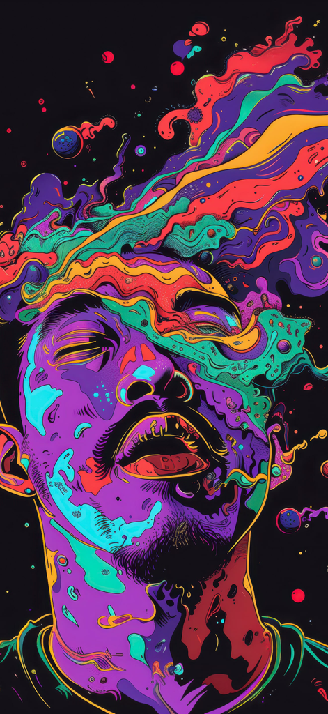 Wallpics - Live Wallpaper,Zed - Retrato psicodélico vibrante de un hombre con efectos coloridos de fusión y formas abstractas sobre un fondo negro