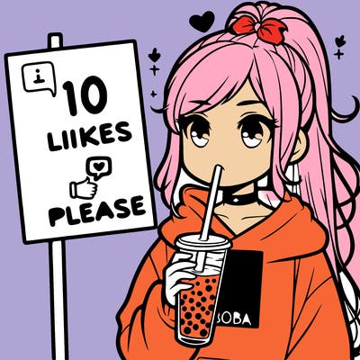 girl with a high ponytail and a hoodie drinking boba staring at a sign saying 10 likes please