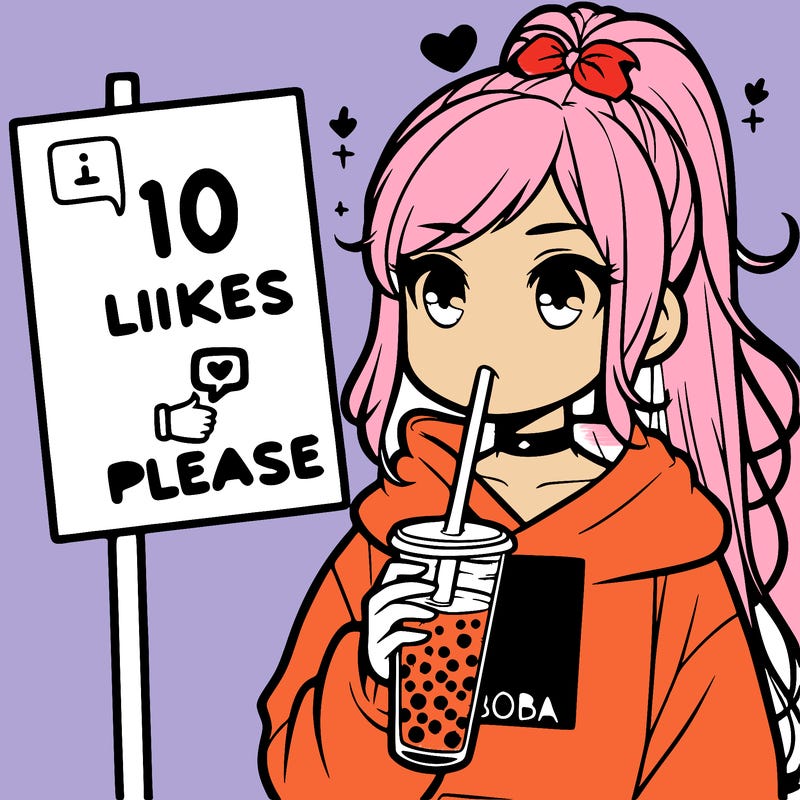 girl with a high ponytail and a hoodie drinking boba staring at a sign saying 10 likes please