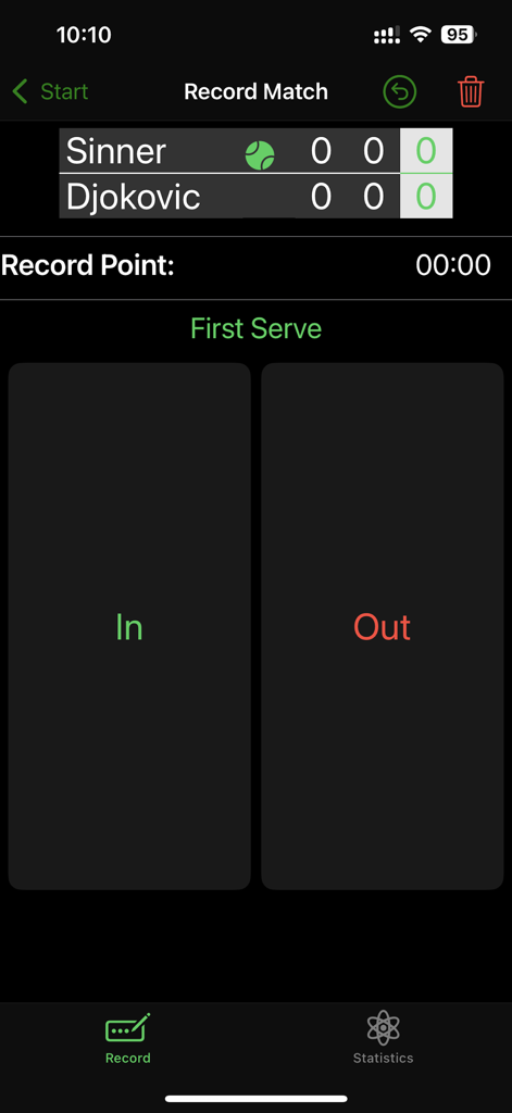 Tennis Track - Interface of the Tennis Track app for recording a first serve point as in or out during a match