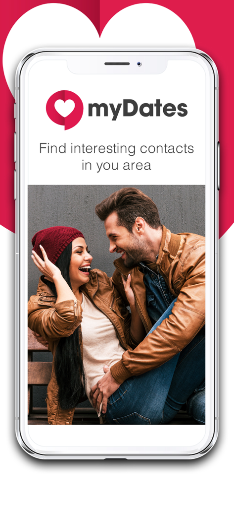 MyDates app screen showing a happy couple and the text Find interesting contacts in your area