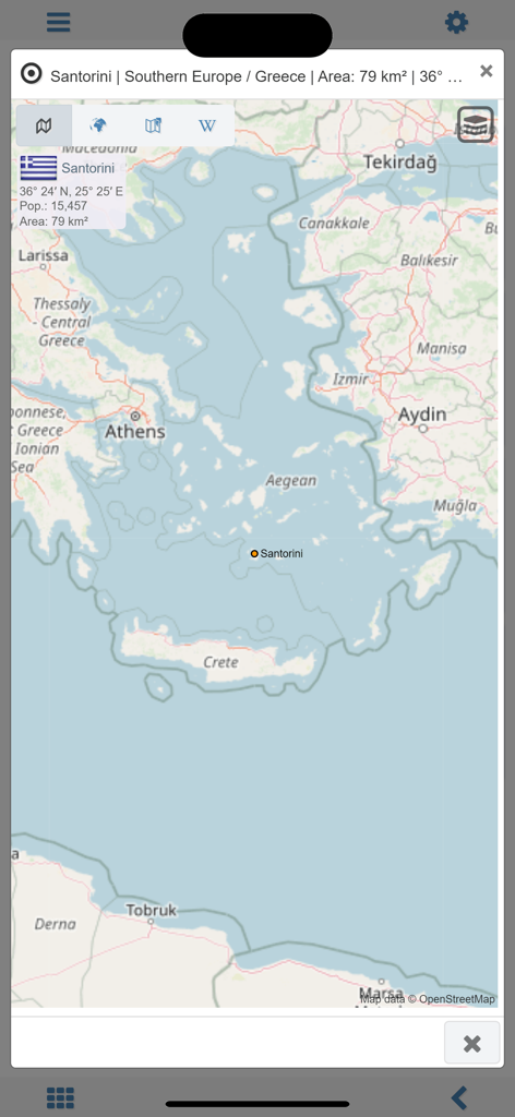 World atlas & map MxGeo Pro - A detailed geographical map of Santorini Greece showing population and area statistics in the World atlas and map MxGeo Pro app