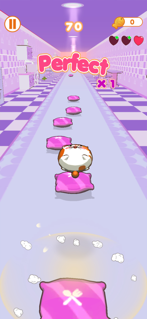 Cats HOP - A round cat jumping on pink pillows in a music rhythm game