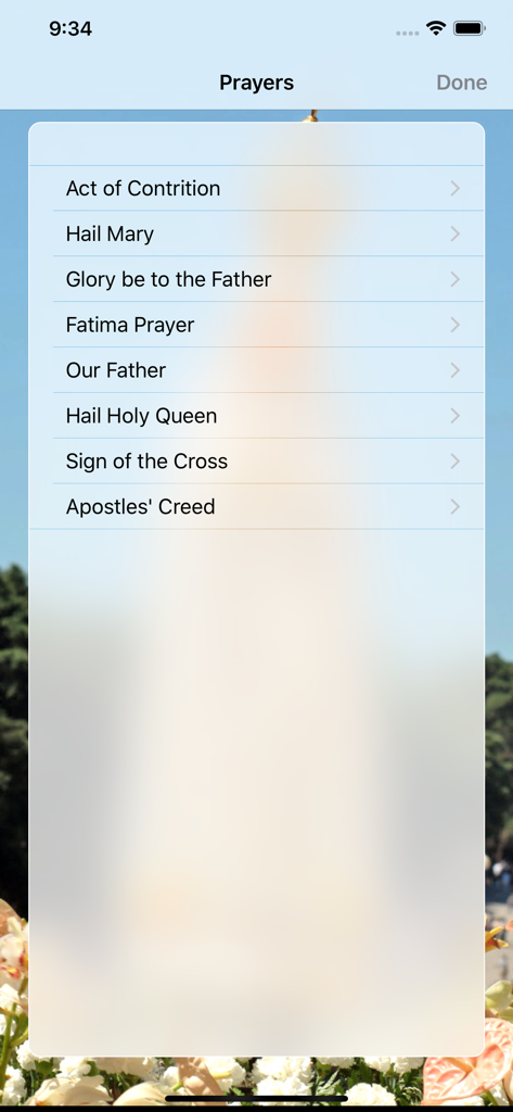 The Holy Rosary - A list of Catholic prayers in The Holy Rosary app menu including Hail Mary and Our Father.